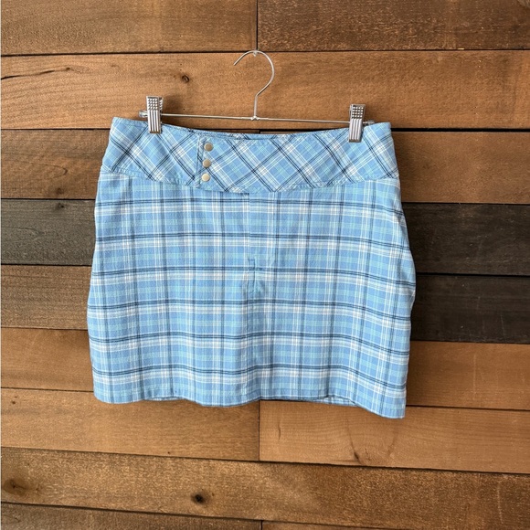 Vintage 90s Y2K Blue Plaid Mini Skort Snap Side Stretch - Picture 1 of 11